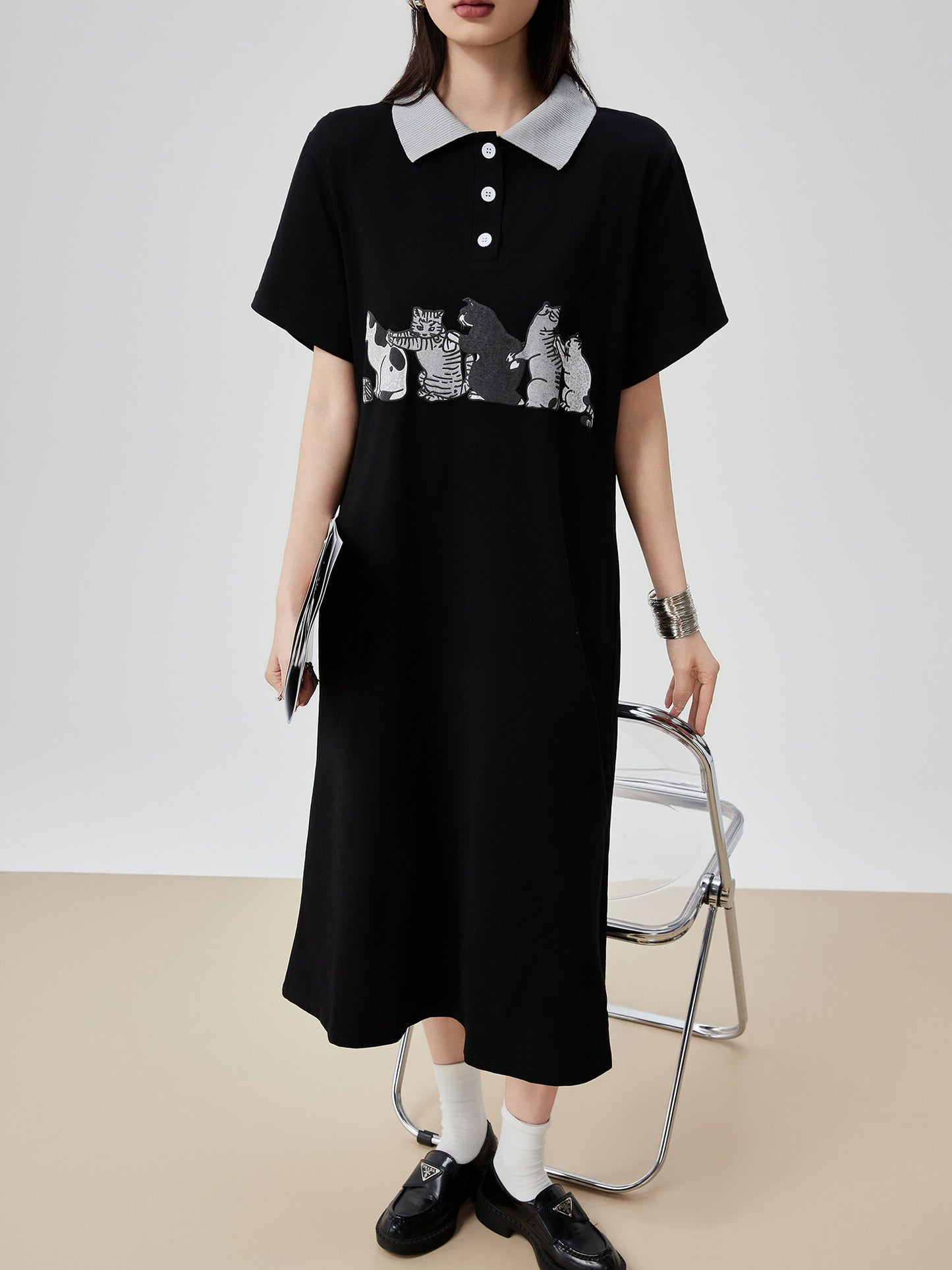 Cat Graphic Polo Long Dress FER0199