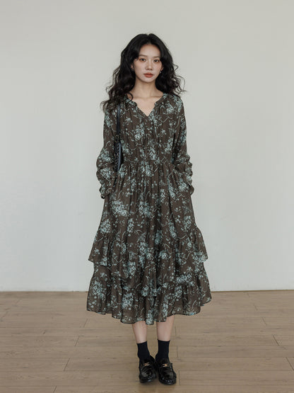 V-Neck Floral Vintage Shirt Dress VAS0192