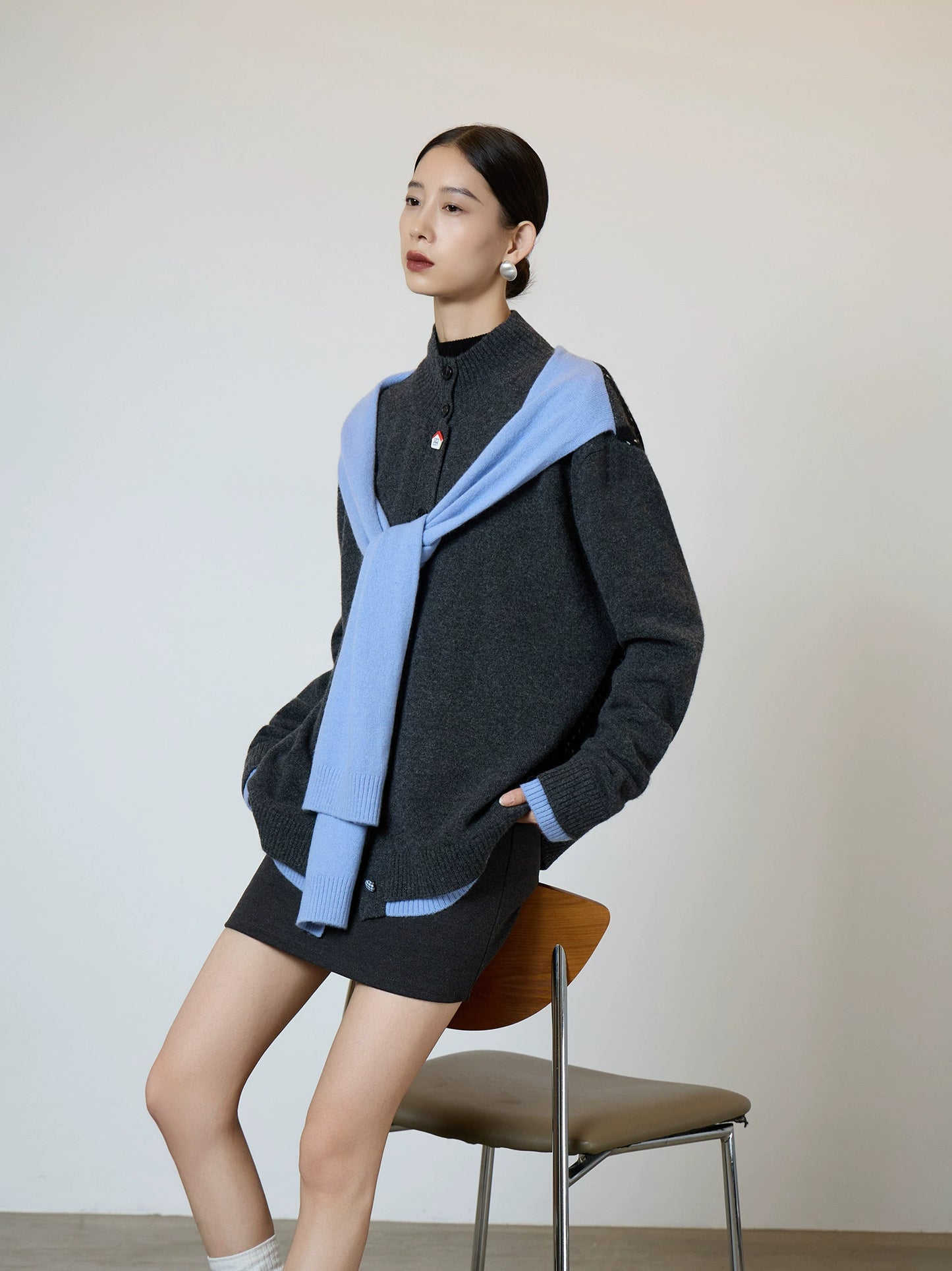 Gray Blue Color Block Design Knit SUY0002