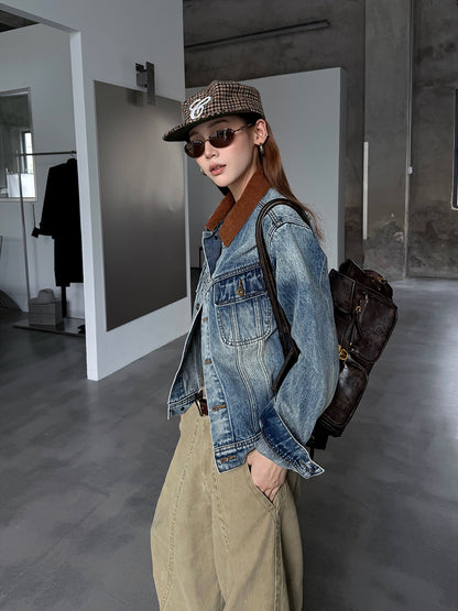 Color-Block Lapel Denim Jacket WWP0002