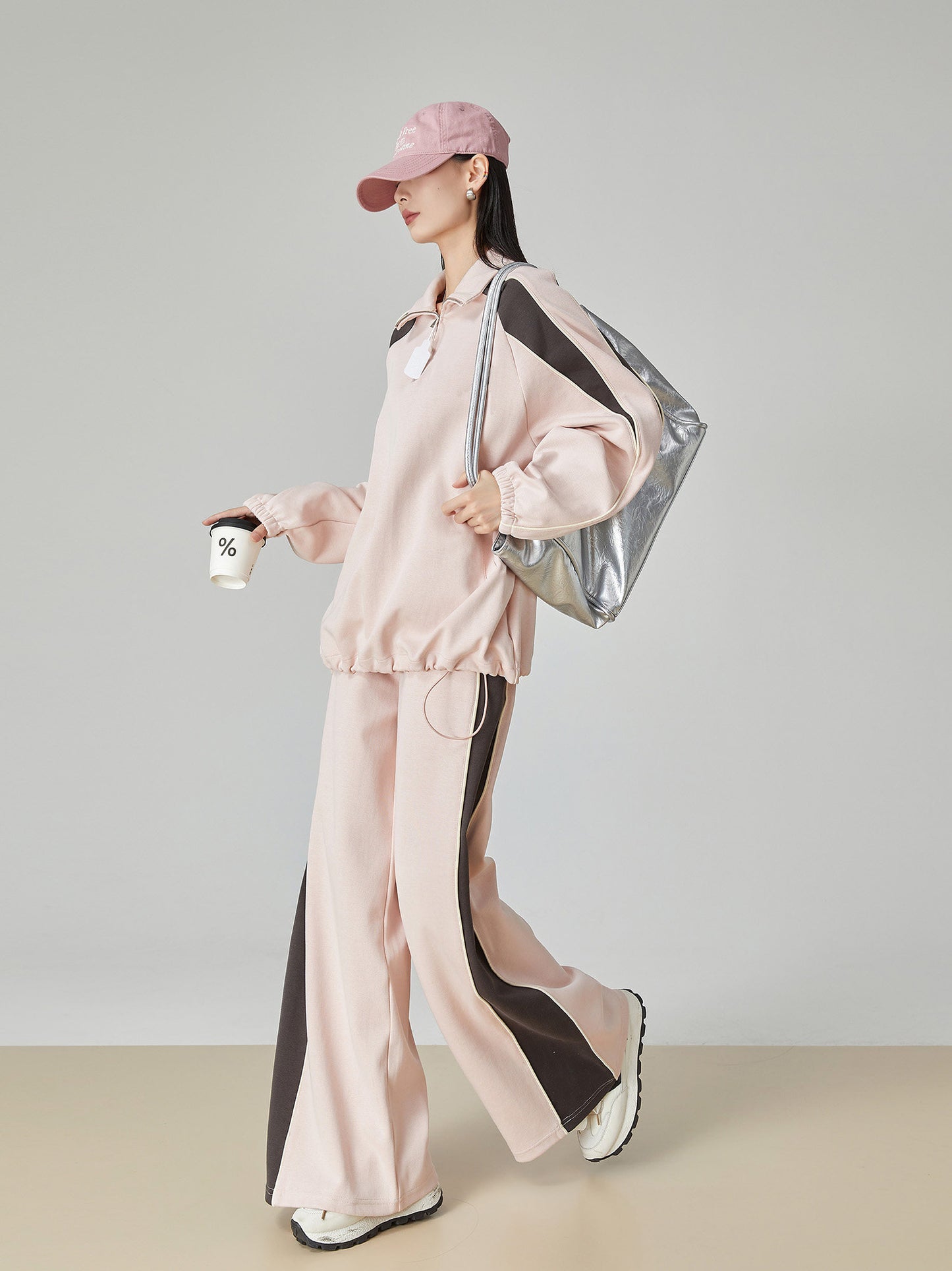 Pink Stand-Collar Sweatshirt / Loose Sweatpants FER0061