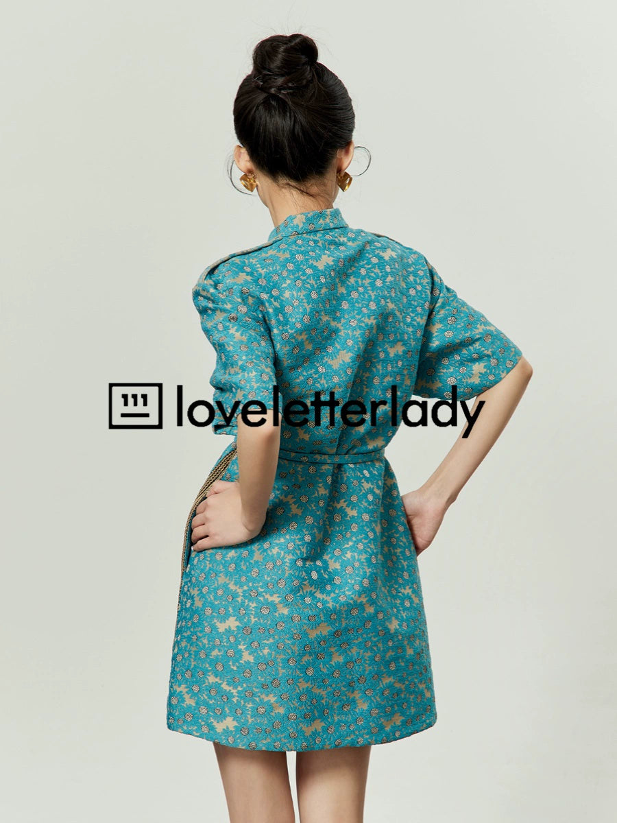 Blue Stand Up Collar Jacquard Dress LLA0048