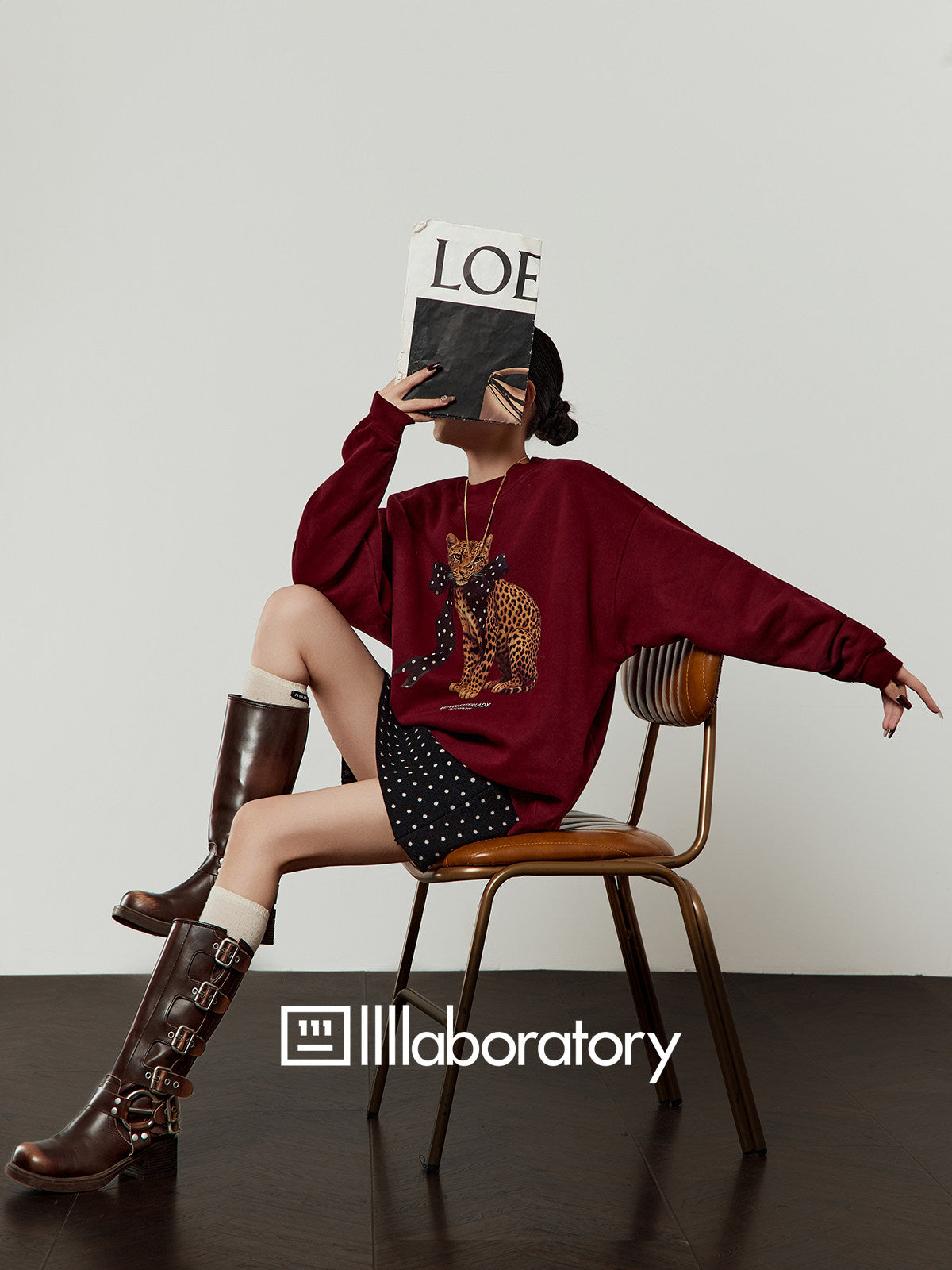 Bow Leopard Sweatshirt / Polka Dot Mini Skirt LLA0614