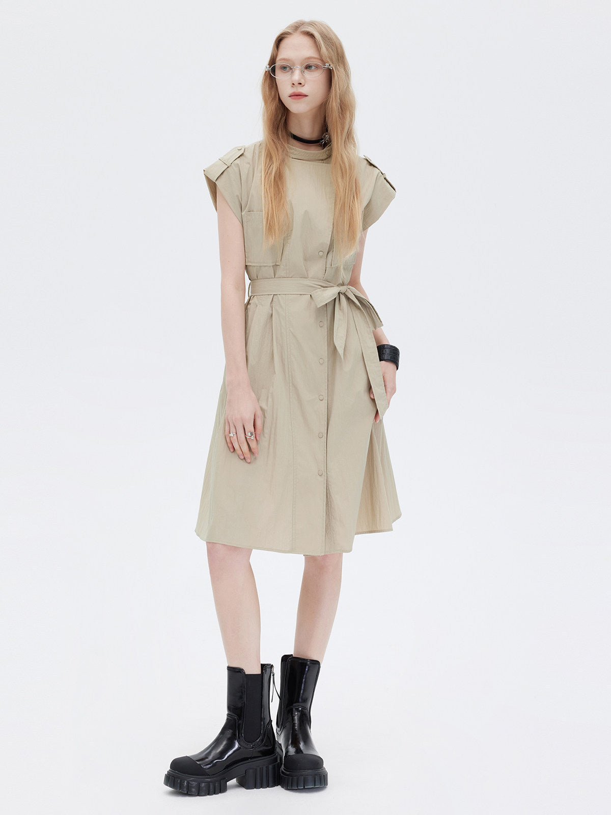 Flap Pocket French Sleeve Shirt Dress SHN0037
