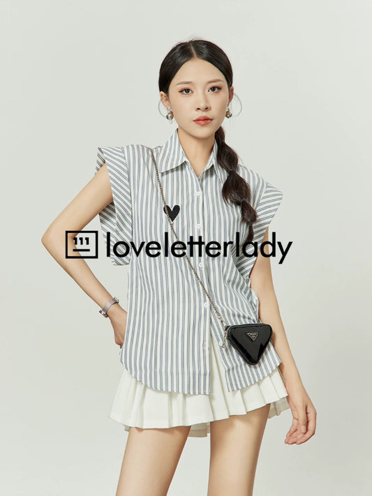 Heart Embroidered Striped Shirt / Flared Mini Skirt LLA0093