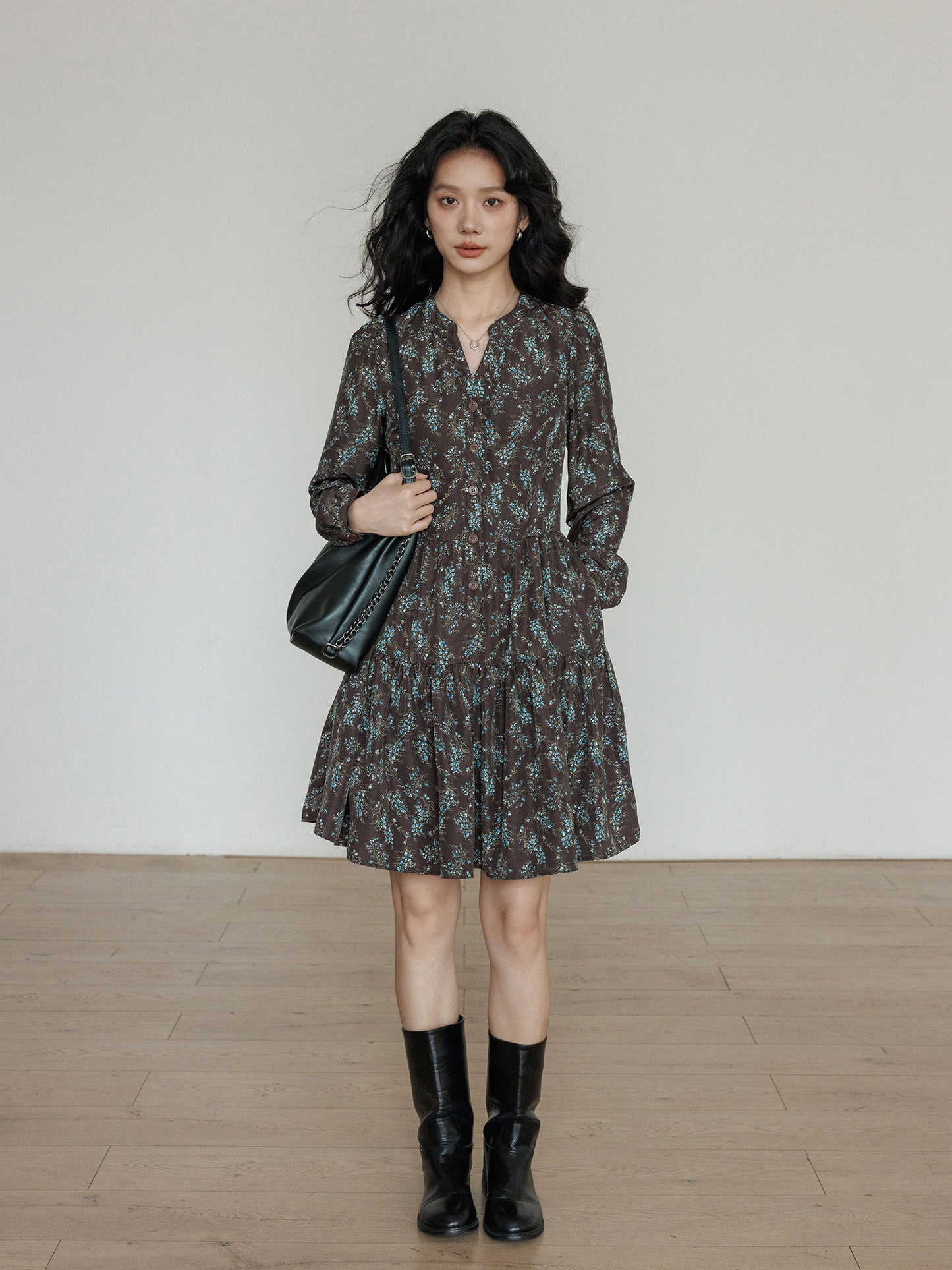 V-Neck Printed Waist Shirt Dress VAS0194