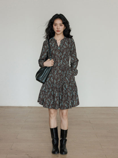 V-Neck Printed Waist Shirt Dress VAS0194