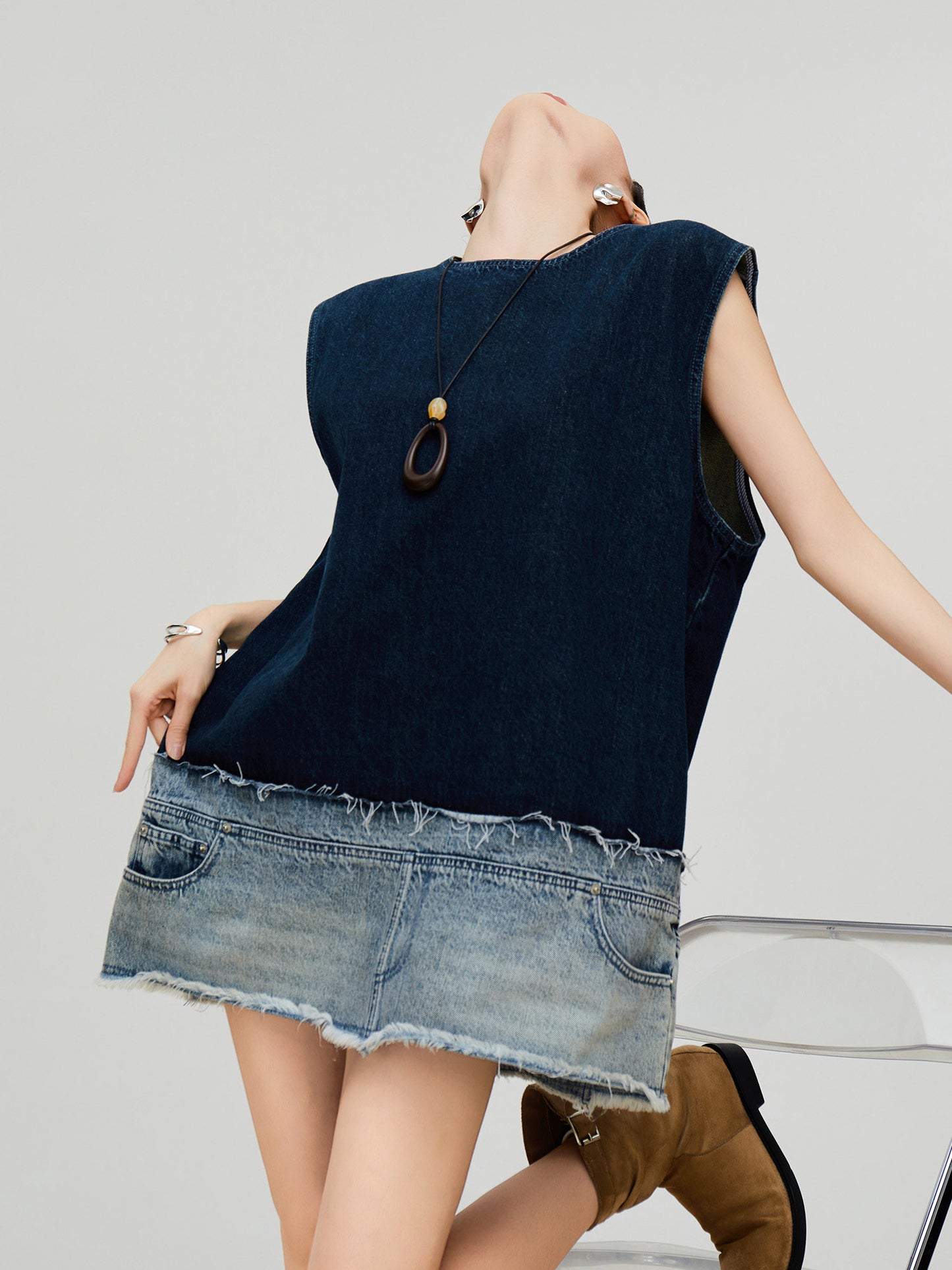 Denim Docking Design Sleeveless Dress FER0354