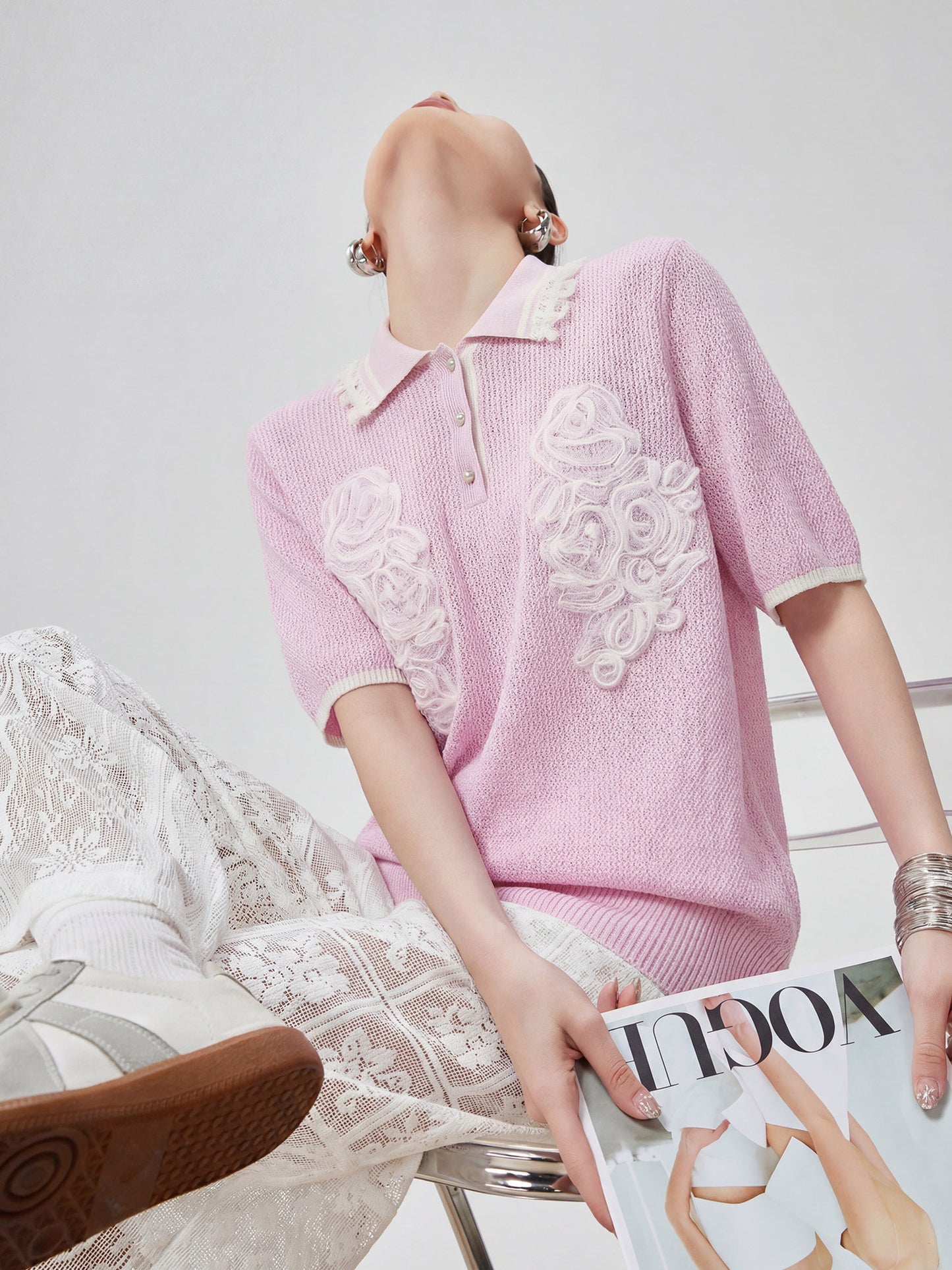 Sheer Short-Sleeve Polo Knit FER0261