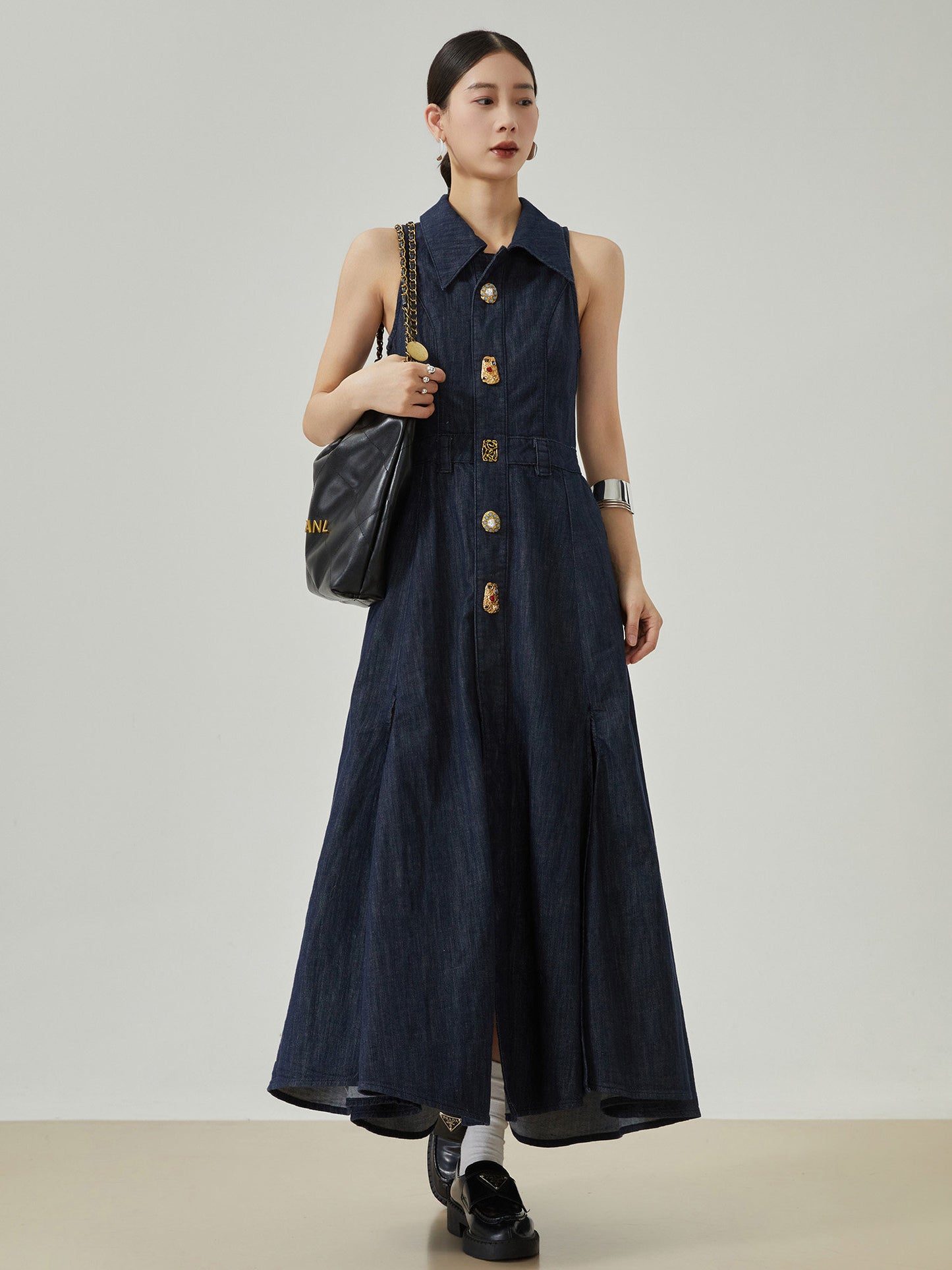 Gold Button Denim Sleeveless Dress FER0132