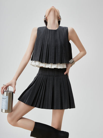 Cropped Striped Sleeveless / Box Pleat Skirt FER0315