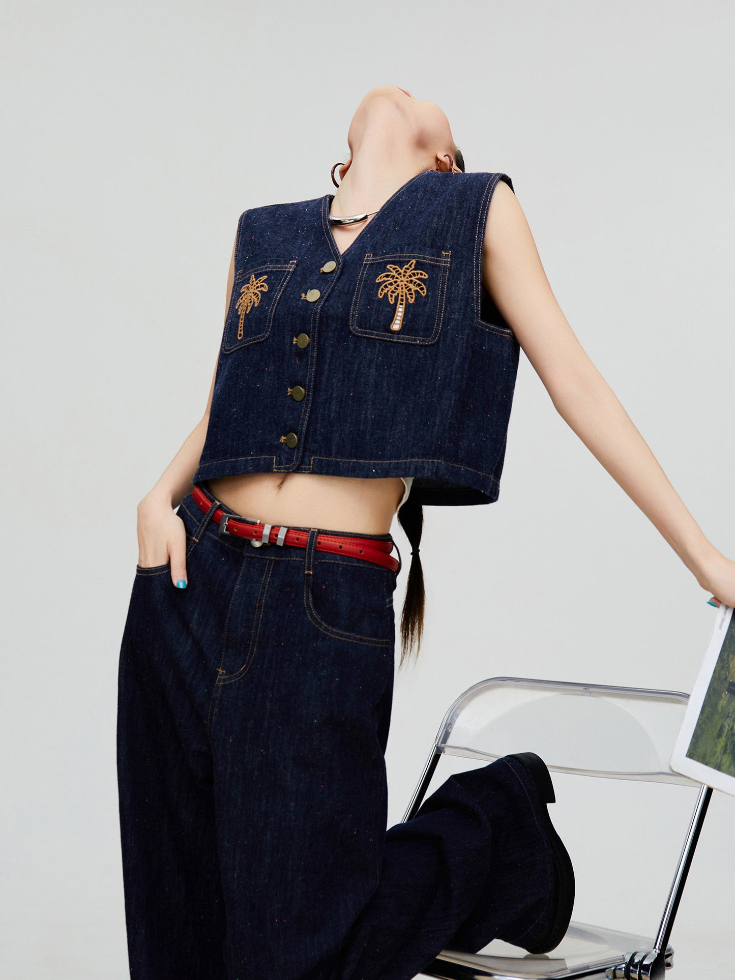 Palm Tree Embroidered Denim Vest / Wide Pants FER0303