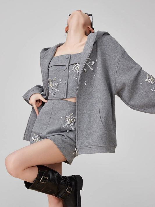 Flower Handmade Zip-Up Hoodie / Camisole / Mini Skirt FER0052