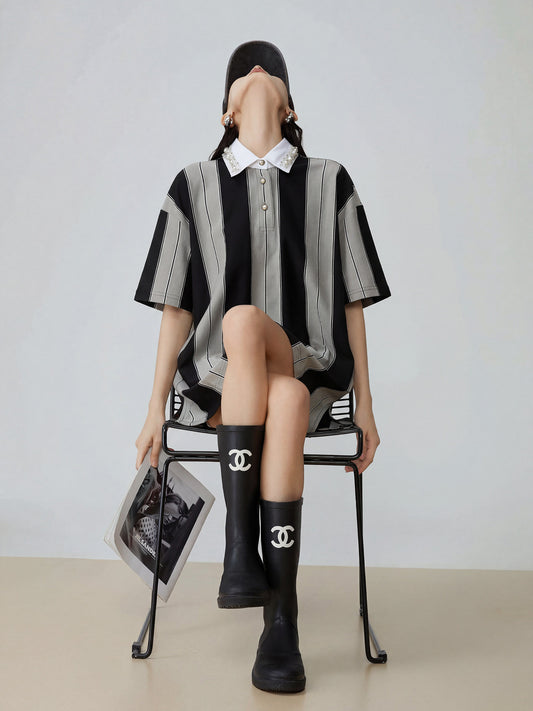 Wide Stripe Short-Sleeve Polo Top FER0309