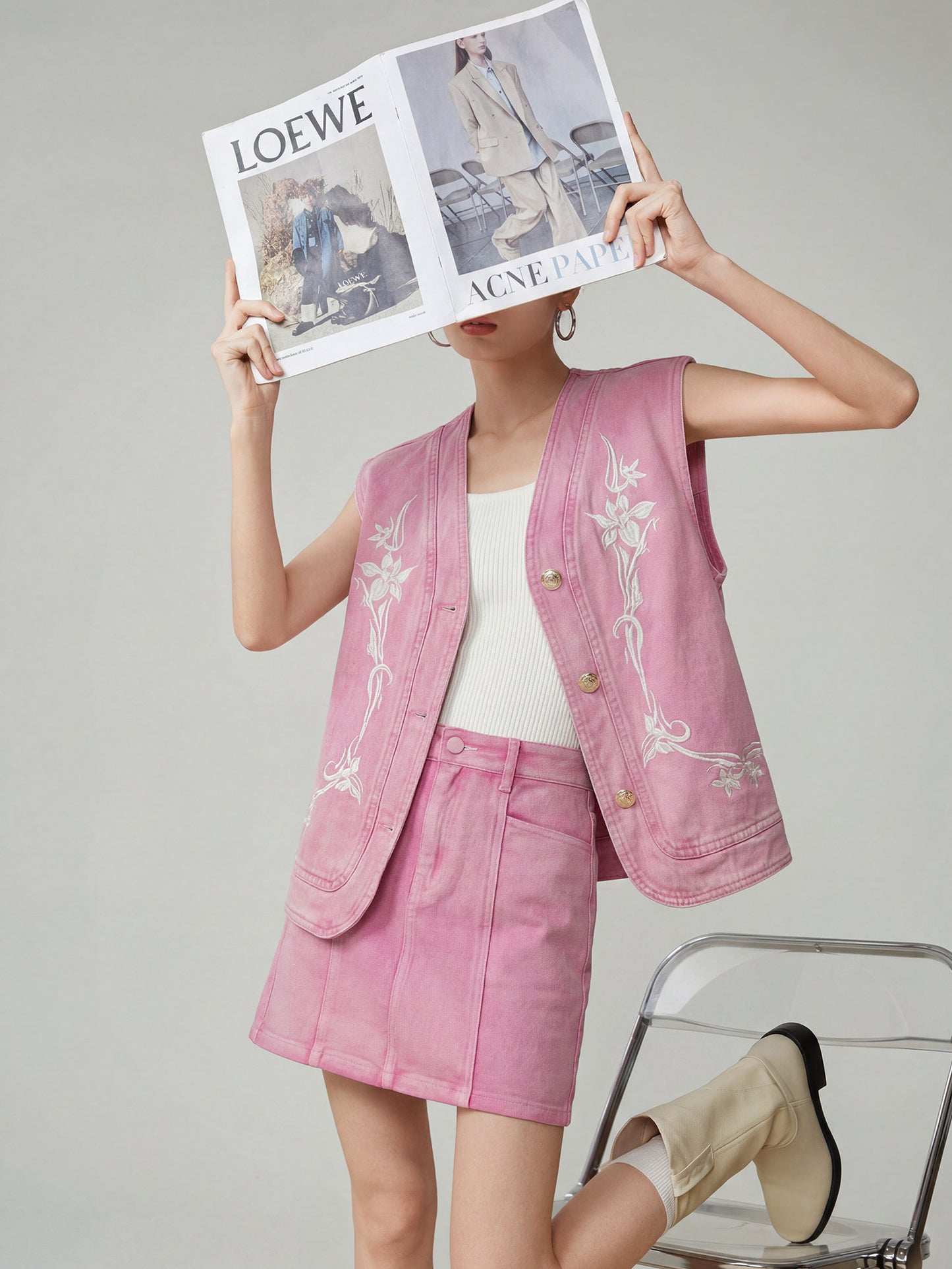 Pink Heavy Industry Embroidered Vest / Half Skirt FER0170