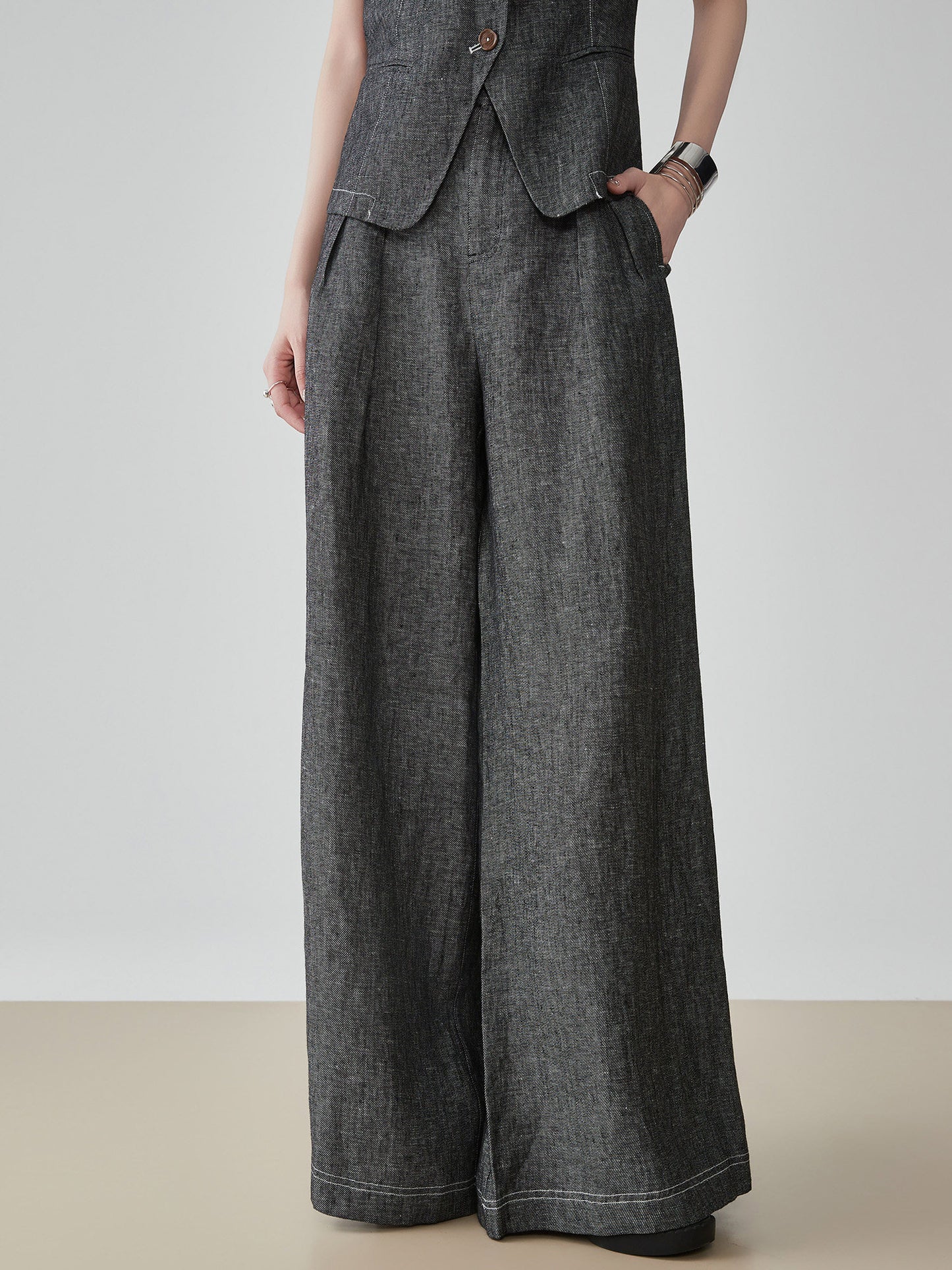 Front Button Bicolor Bustier / Wide Long Pants FER0272