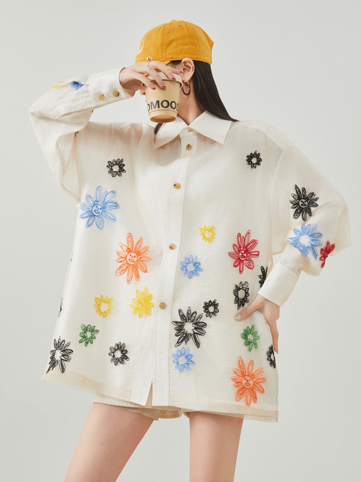 Flower Embroidered Long-Sleeve Shirt FER0098