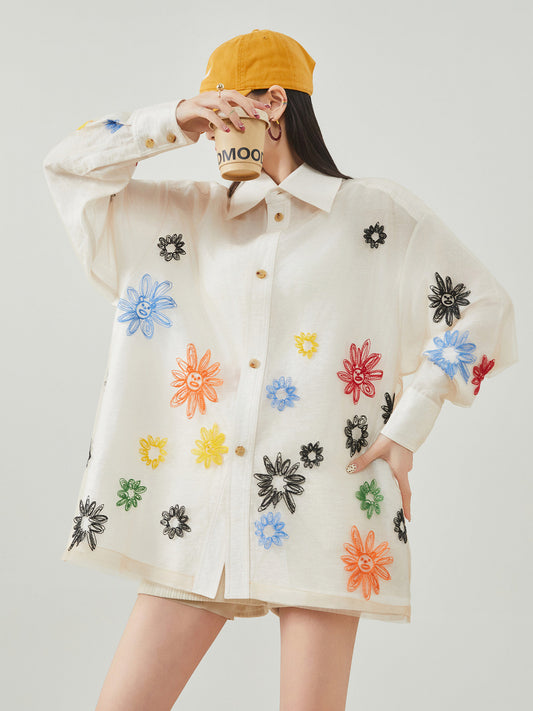 Flower Embroidered Long-Sleeve Shirt FER0098