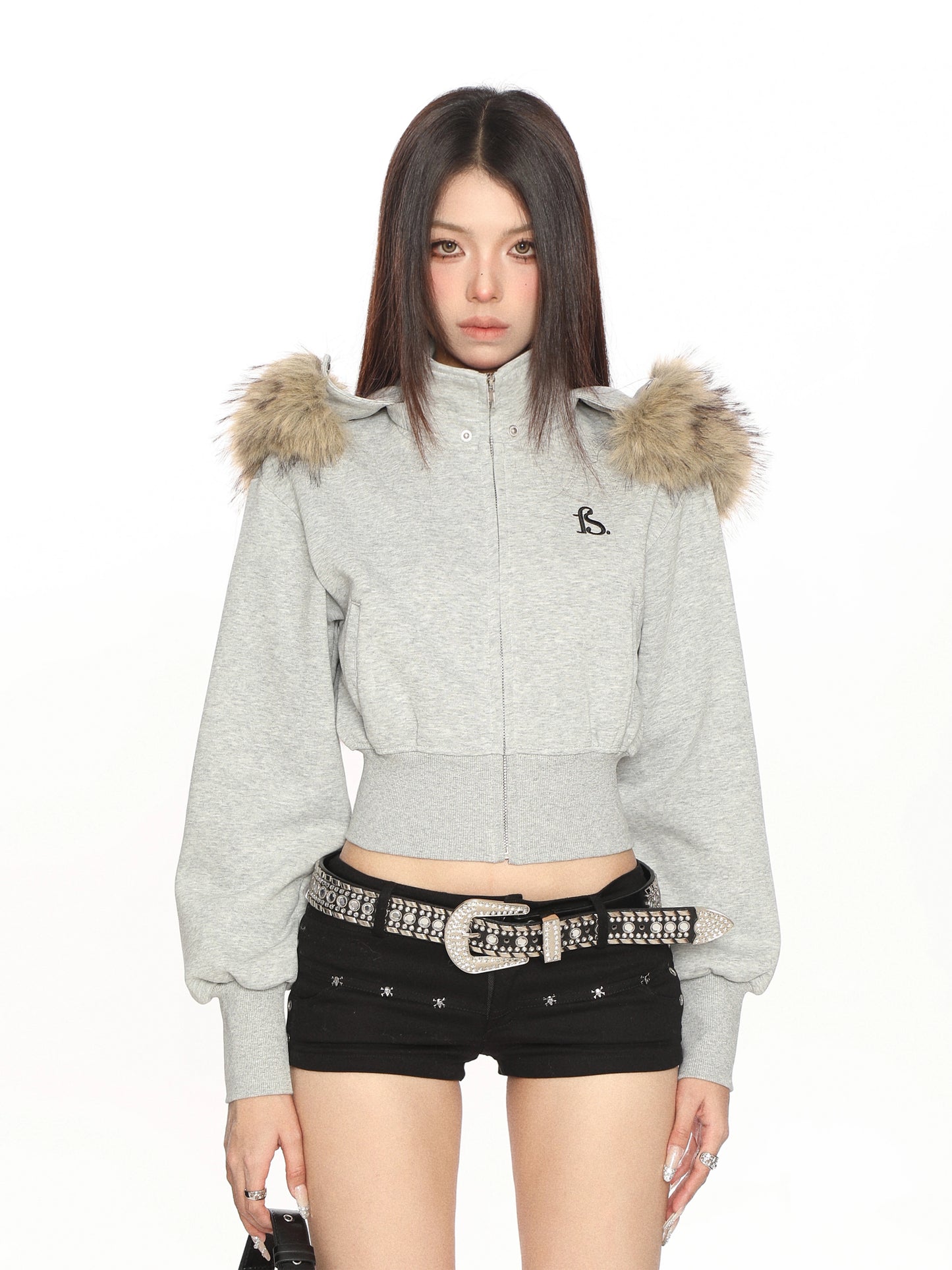 Fur Cropped Zip Up Hoodie BGS0013