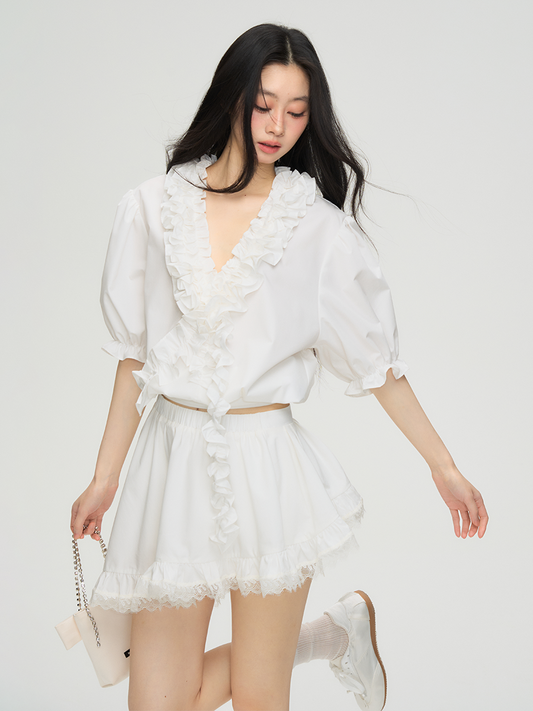 V-Neck Cream Lace Top / Asymmetrical Lace Skirt PUC0014
