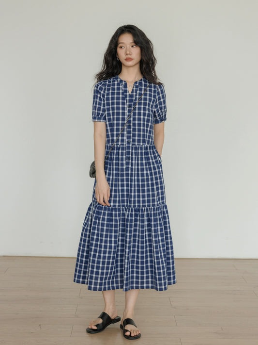 Puff Sleeve Checked Tiered Dress VAS0031