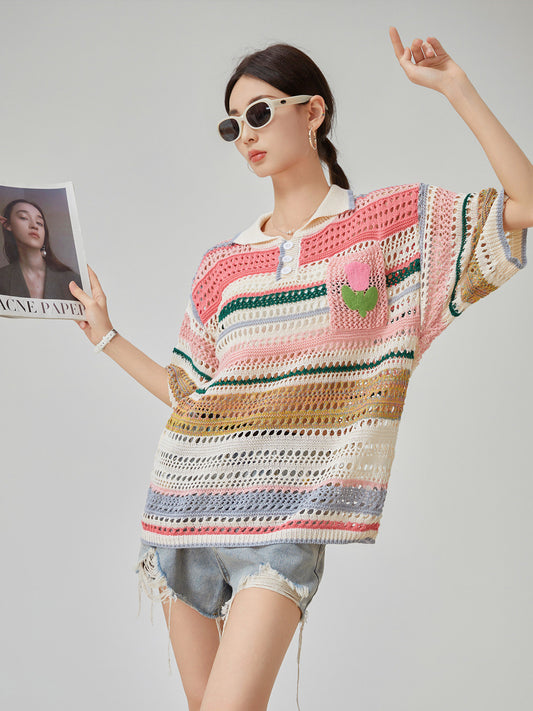 Multi-Border Openwork Polo Knit FER0224