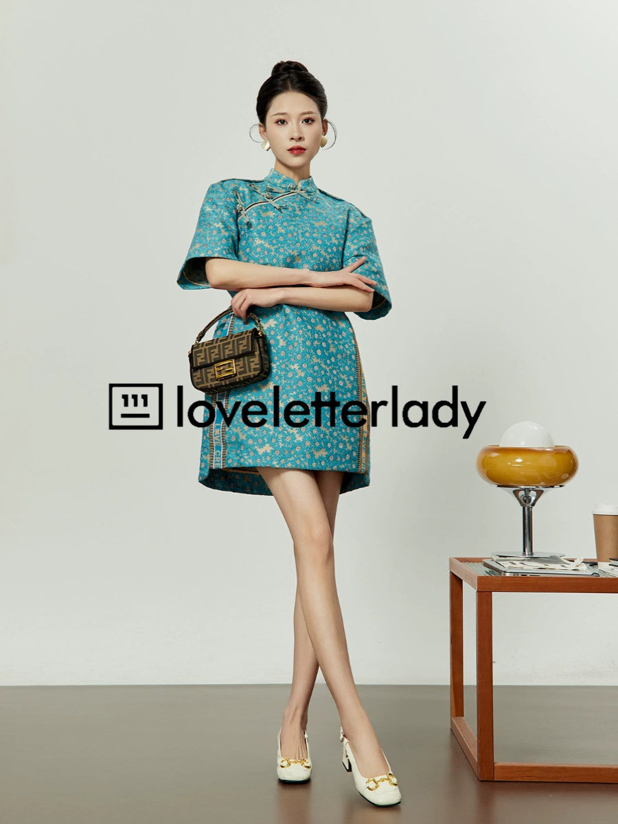 Blue Stand Up Collar Jacquard Dress LLA0048