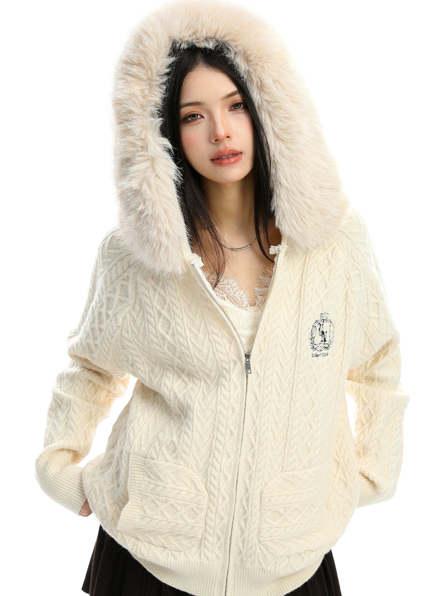 Fur Hood Cable Knit Top BGS0034