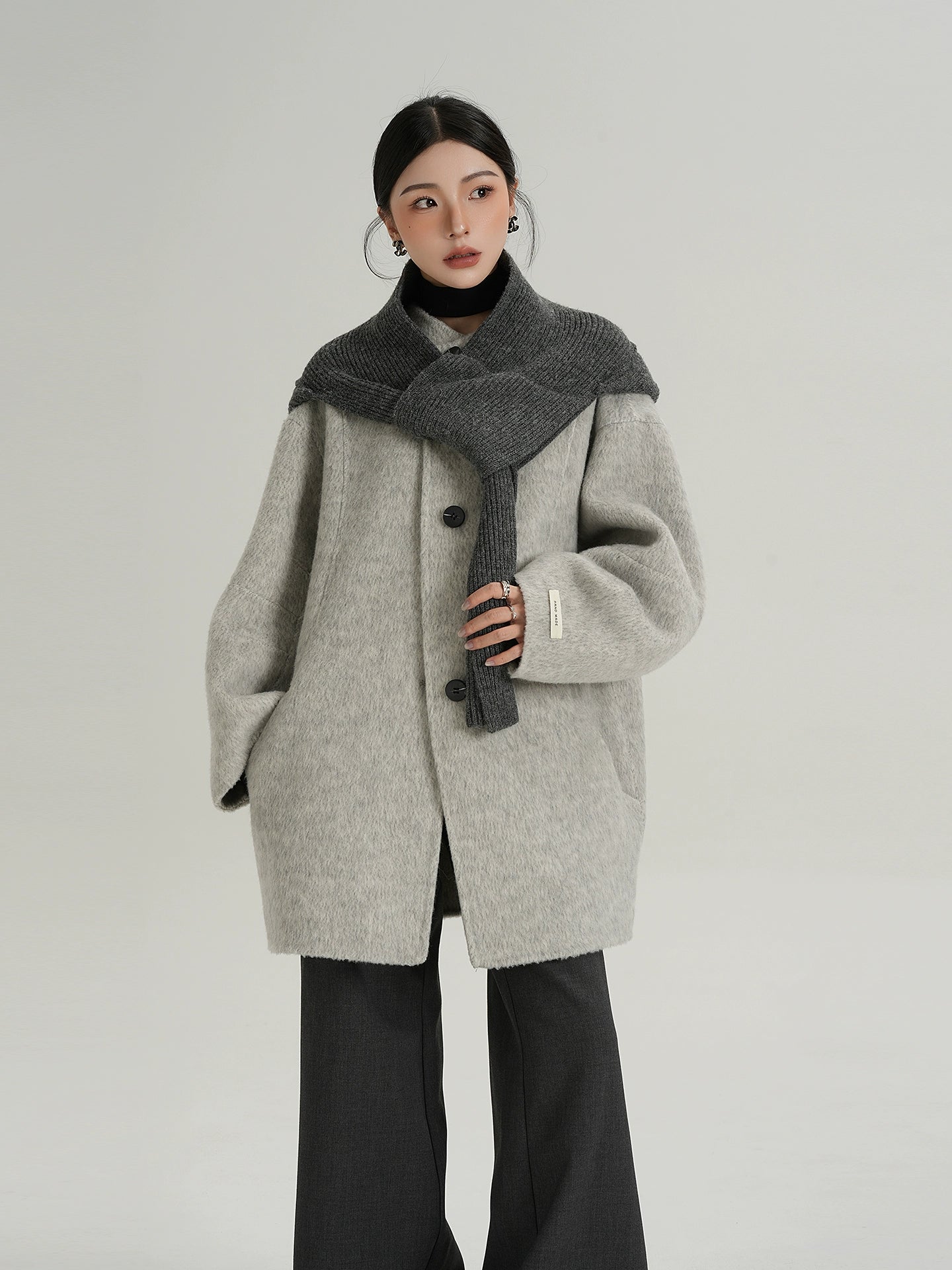 Hood Scarf Mid Length Wool Coat SRS0358