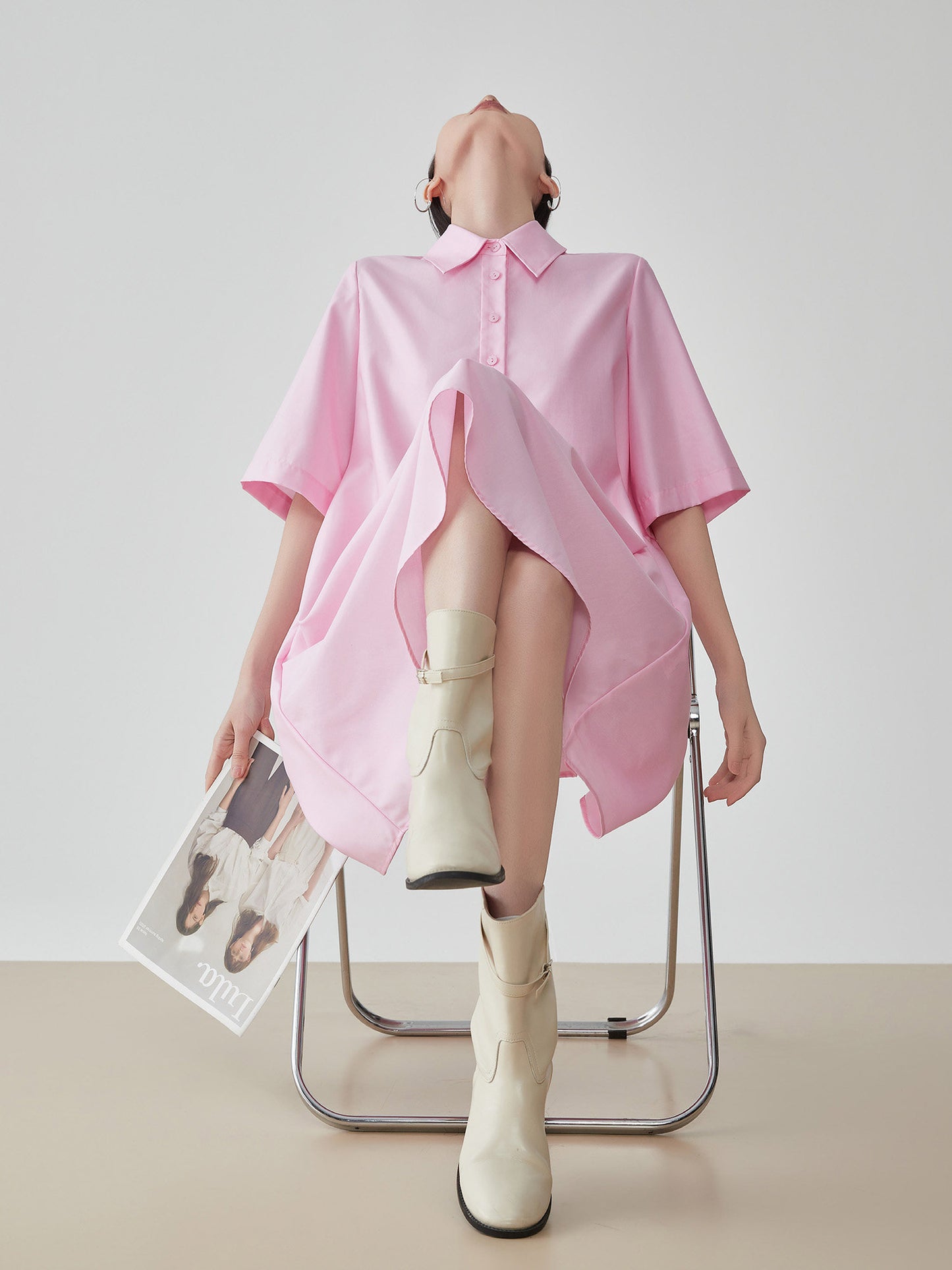 Pink Short-Sleeve Shirt Dress FER0175