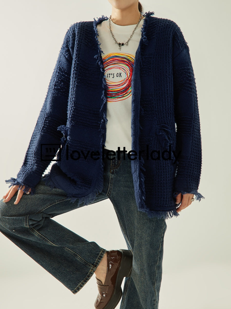 No Collar Fringe Knit Jacket LLA0404