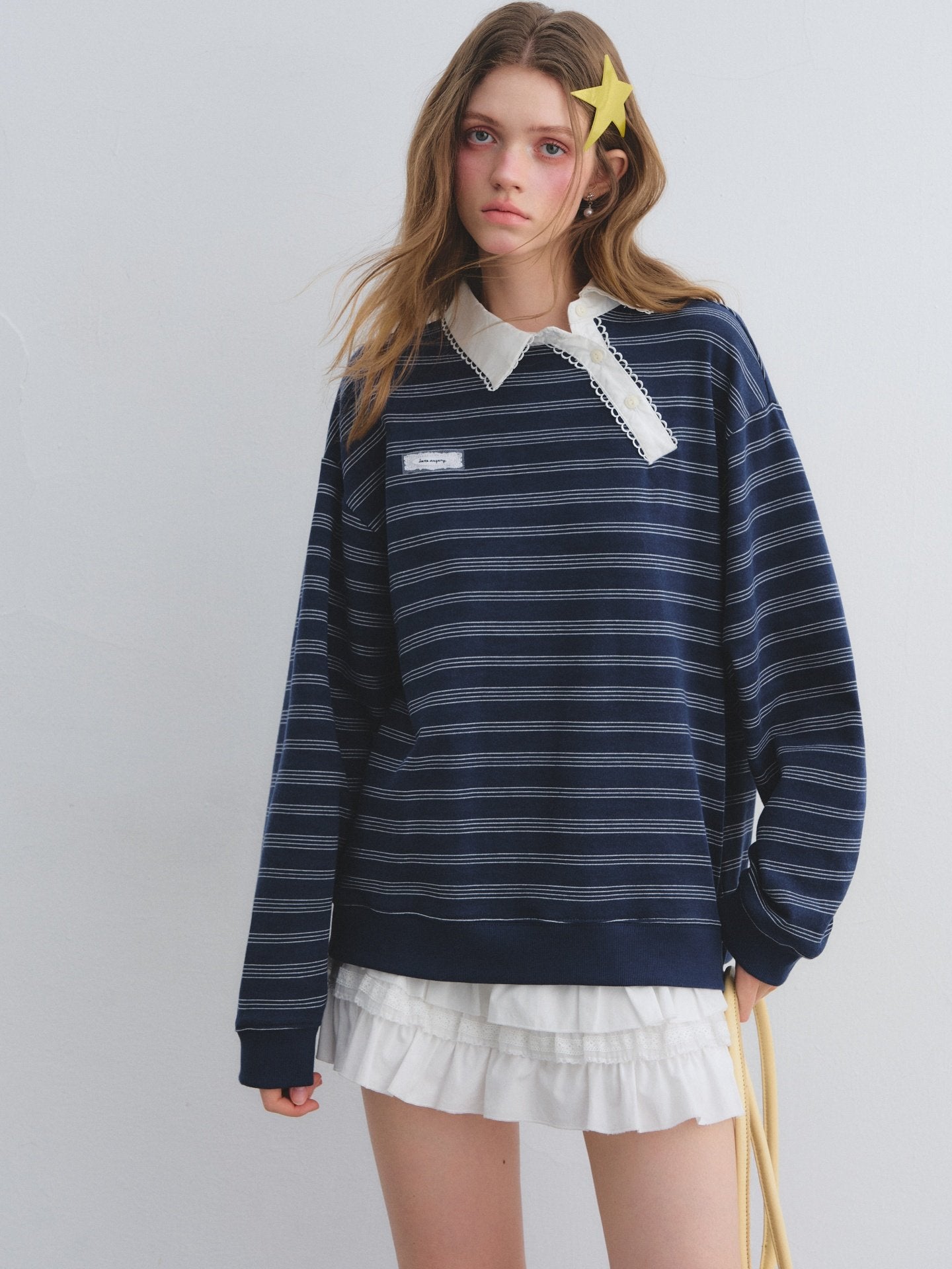 Button Lace Collar Striped Top ASG0085