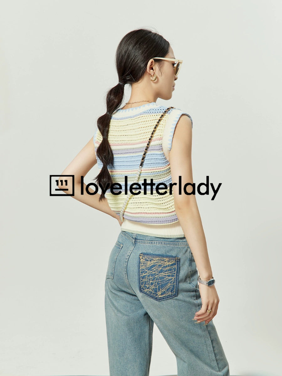 Pastel Summer Knit Vest / Wide Denim Pants LLA0186