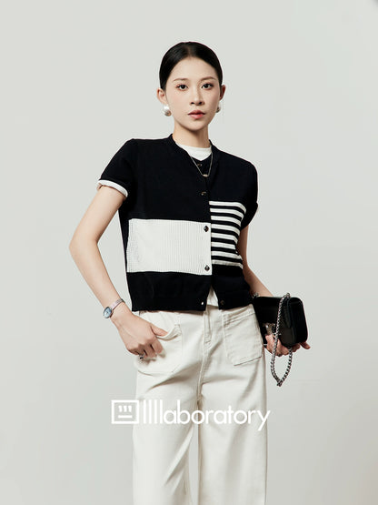 Color Block Stripe Knit / White Denim Pants LLA0496