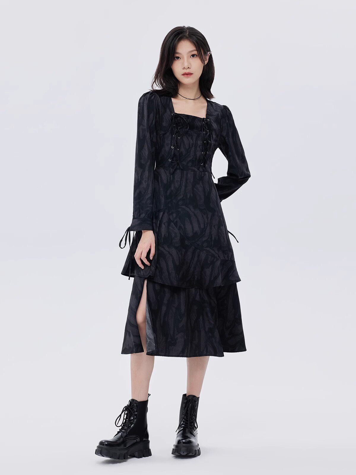 Marble Mid-Length Black Dress SHN0051
