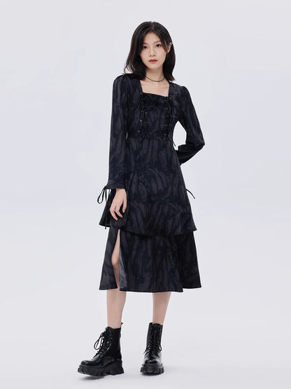 Marble Mid-Length Black Dress SHN0051