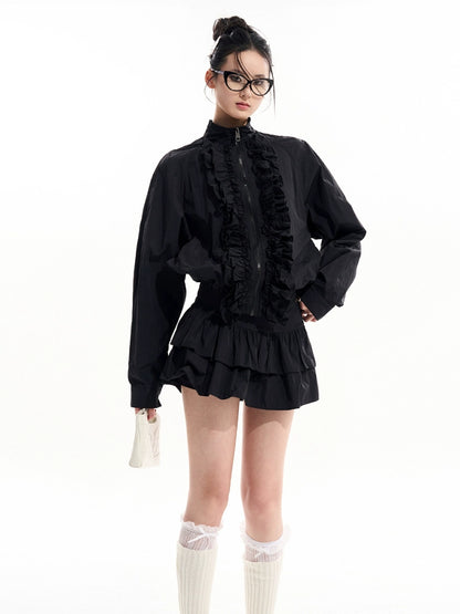 Stand Collar Ruffle Jacket / Ruffle Mini Skirt TUW0002