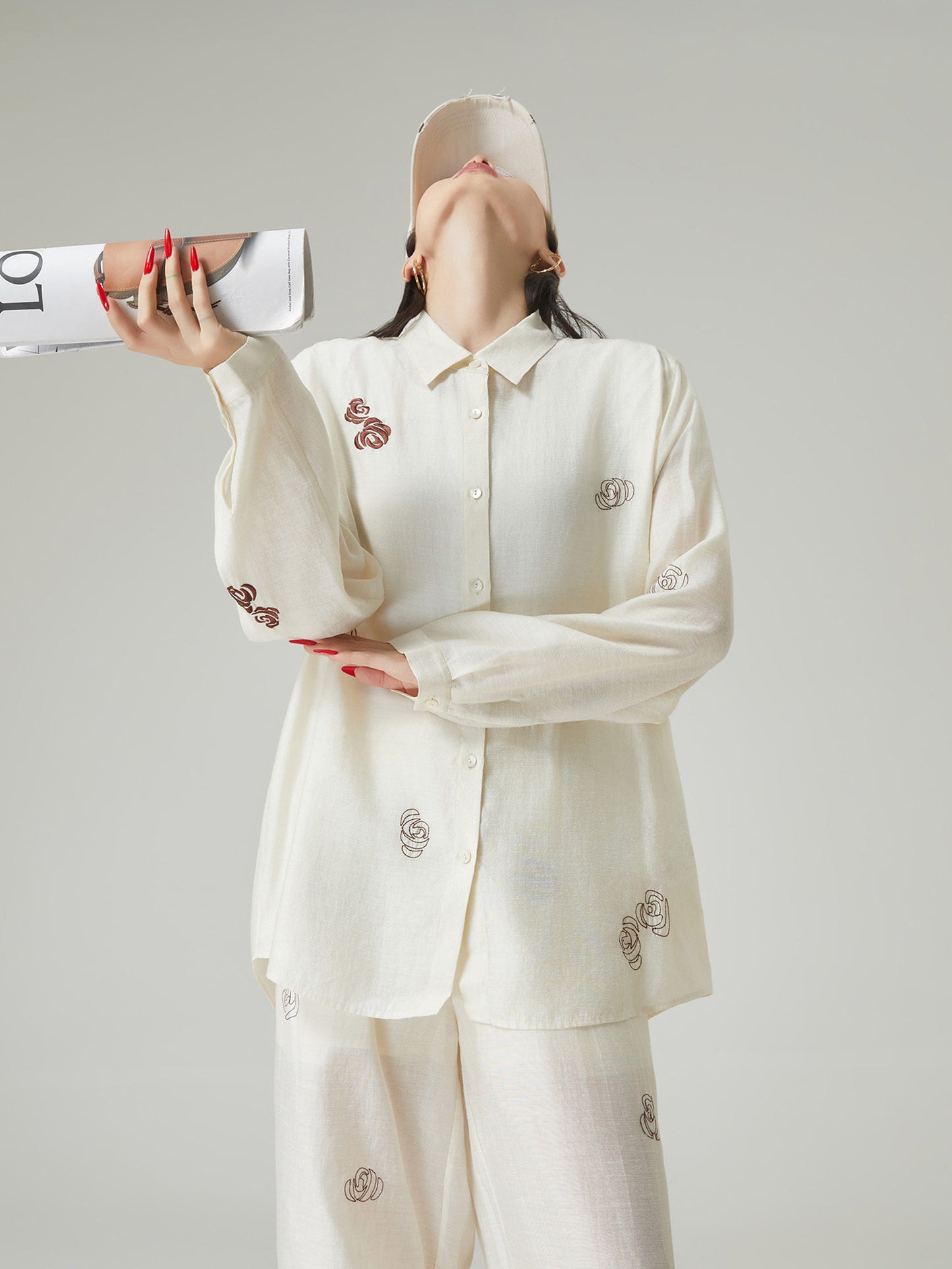 Rose Embroidered Long-Sleeve Shirt / Wide Pants FER0101