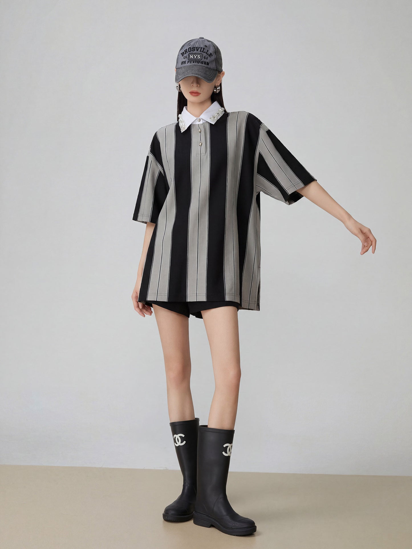 Wide Stripe Short-Sleeve Polo Top FER0309
