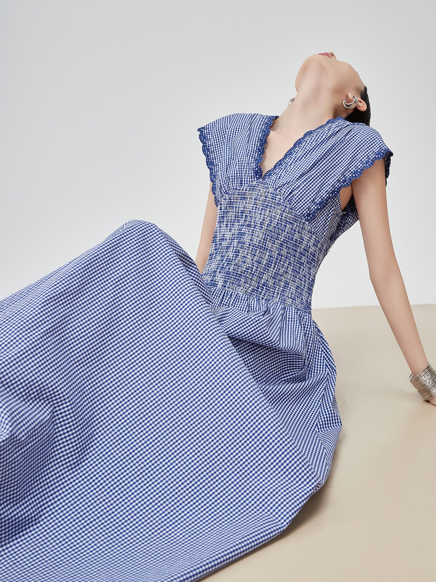 Gingham Check Shirring Long Dress FER0249