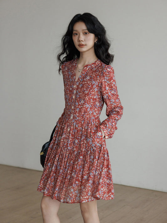 V-Neck Floral Shirt Dress VAS0193