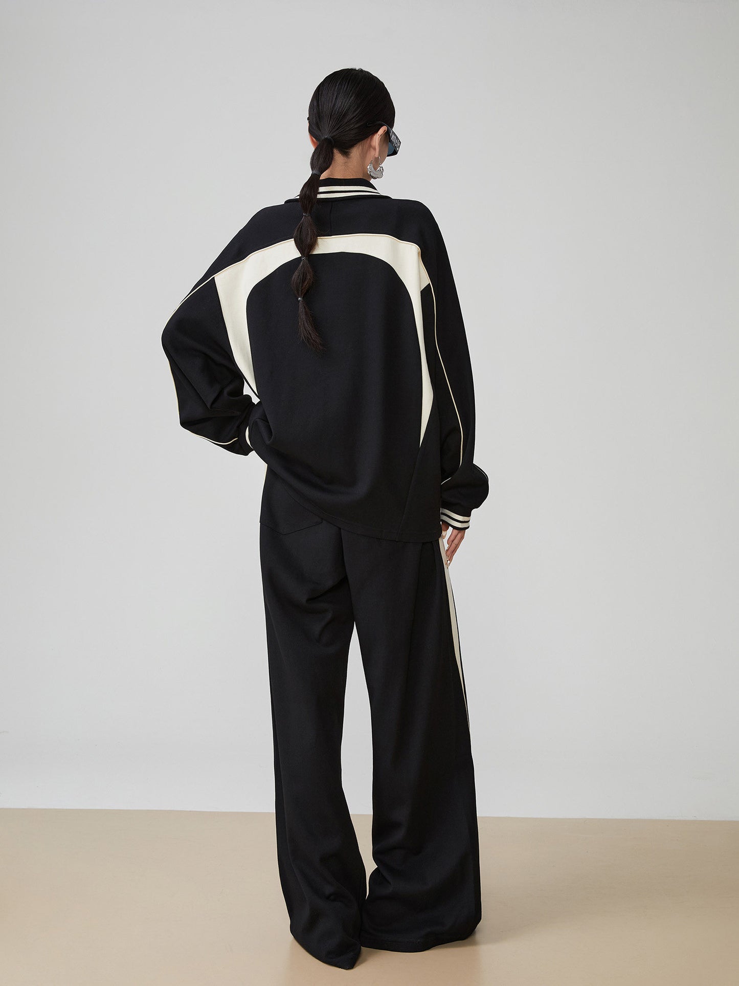 Color-Contrast Collared Long-Sleeve / Casual Wide Pants  FER0378