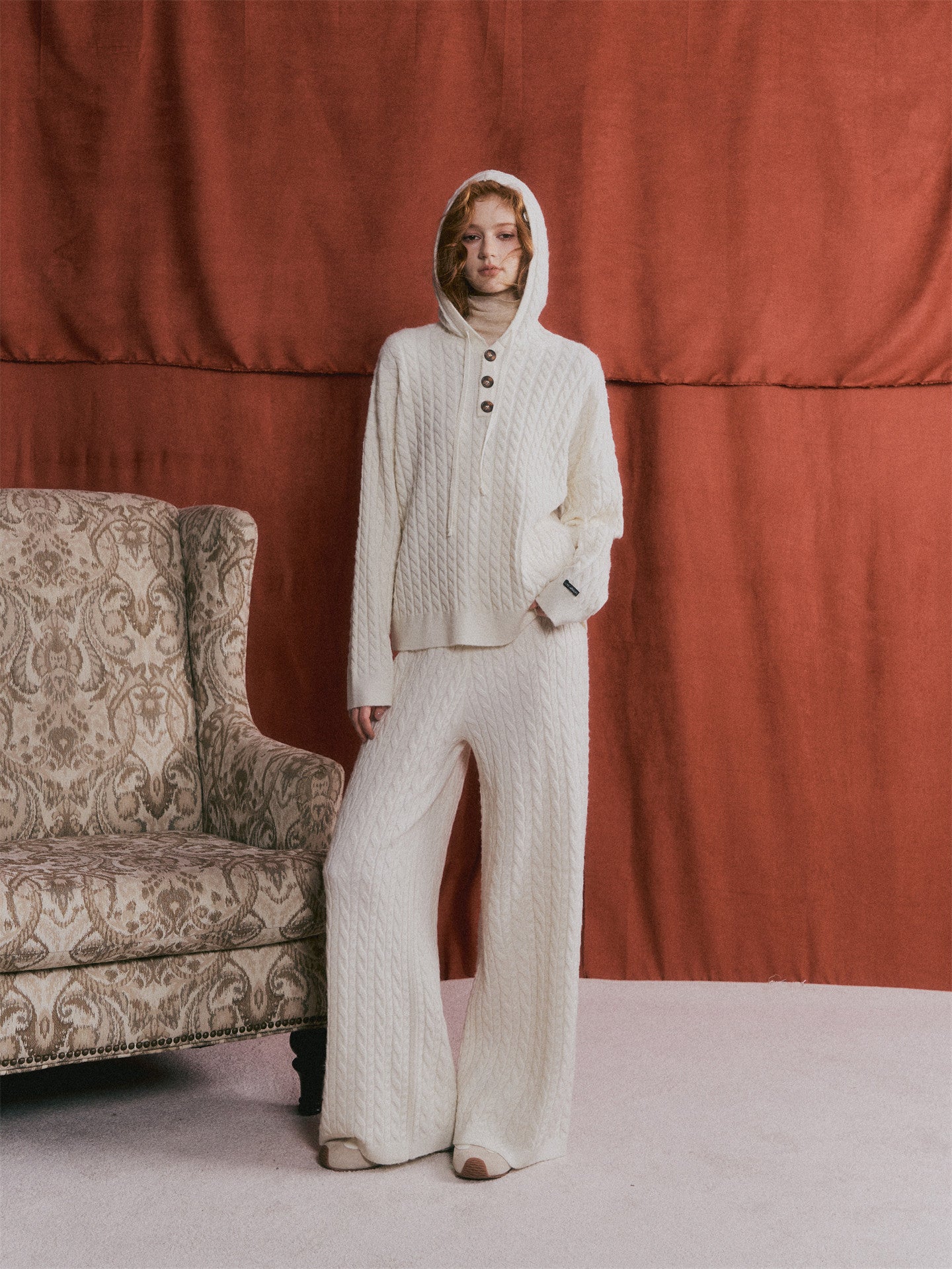 Wool Half-Button Knit Hoodie / Wide Pants ASG0073