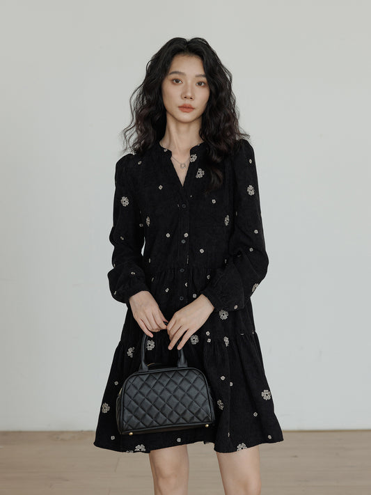 V-Neck Flower Embroidered Dress VAS0001