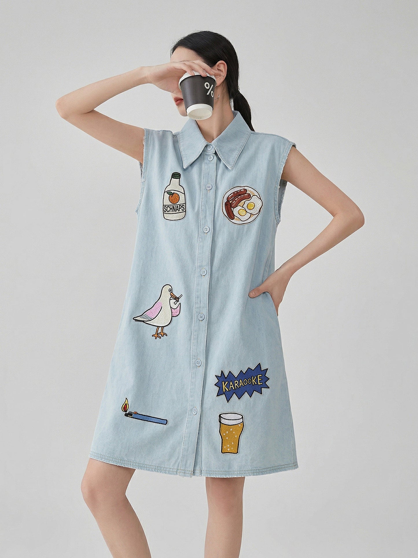 Patchwork Sleeveless Denim Shirt Dress FER0204
