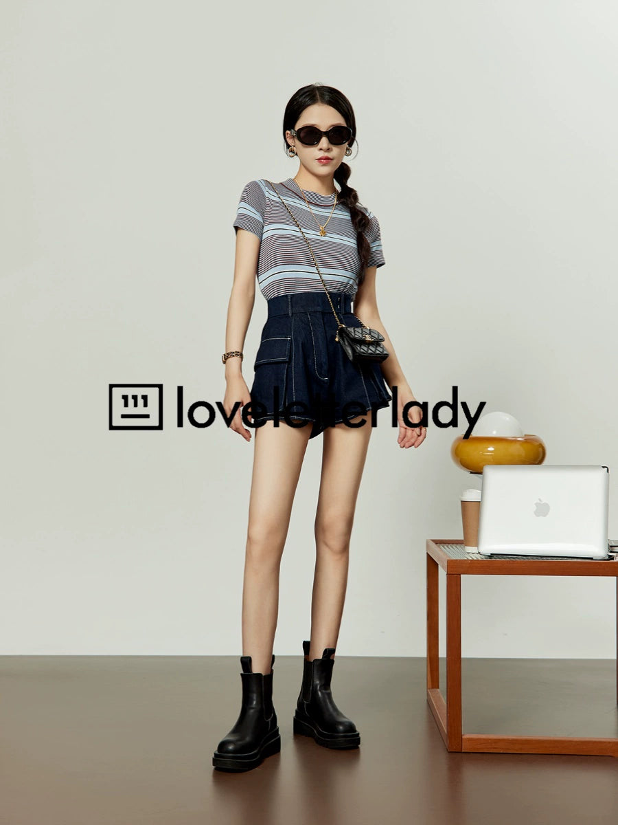 Mock Neck Border Tops / High Waist Denim Pants LLA0110