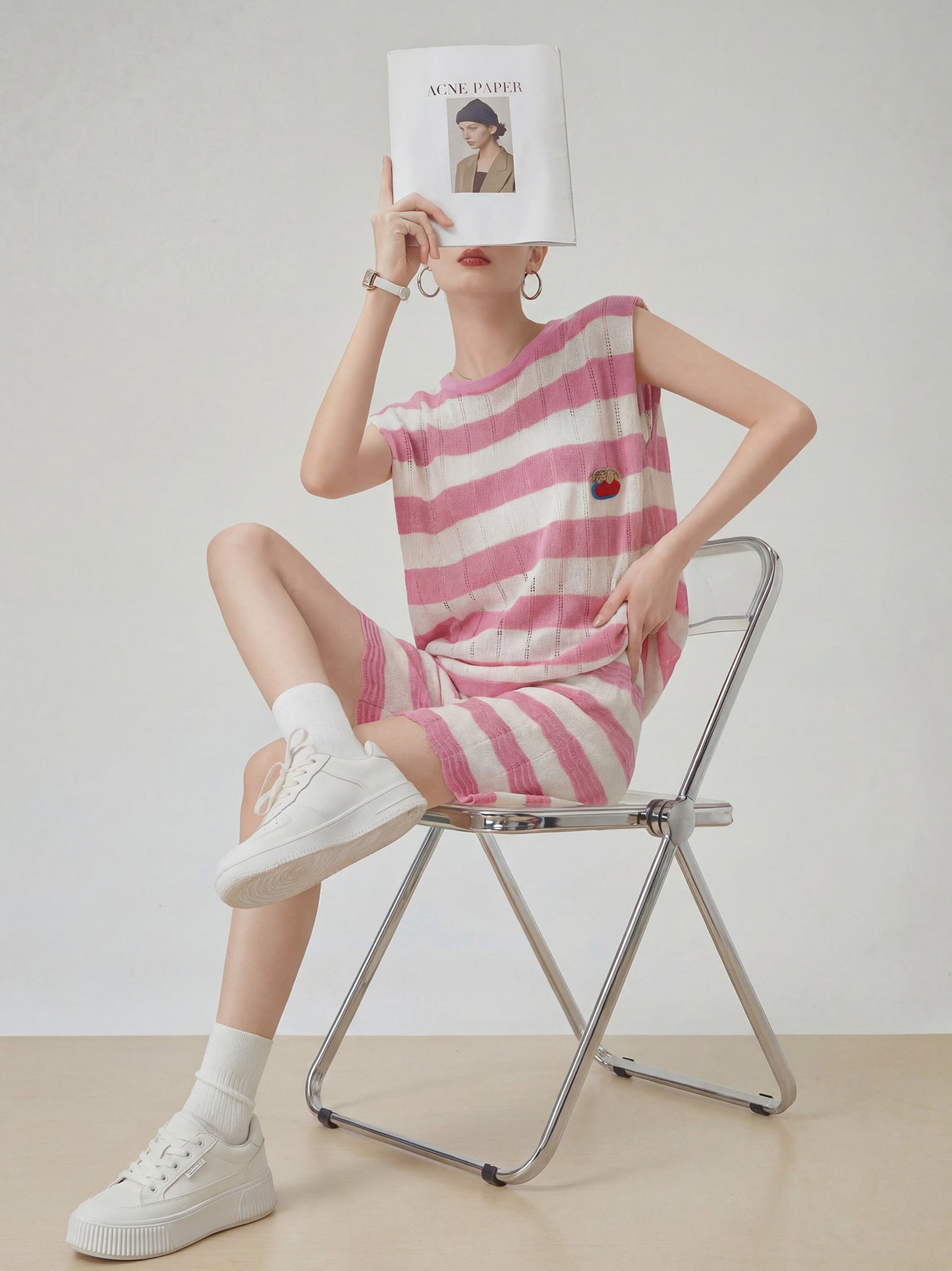 Pink Striped Sleeveless Knit Top / Shorts FER0326