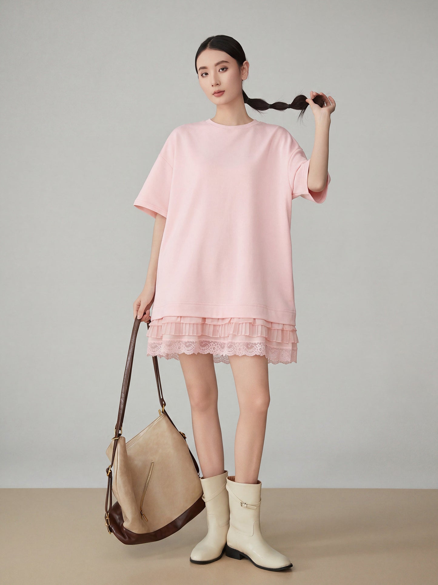 Pink Lace Docking T-Shirt Dress FER0212