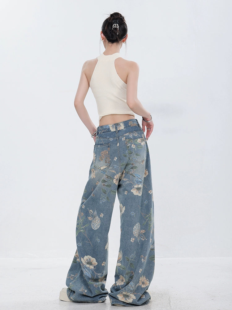 Flower Design Wide Denim Pants ABW0013