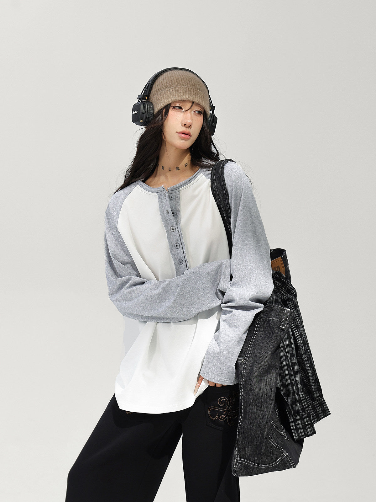 Henley Neck Raglan Sleeve Long-Sleeve T-Shirt ACS0382